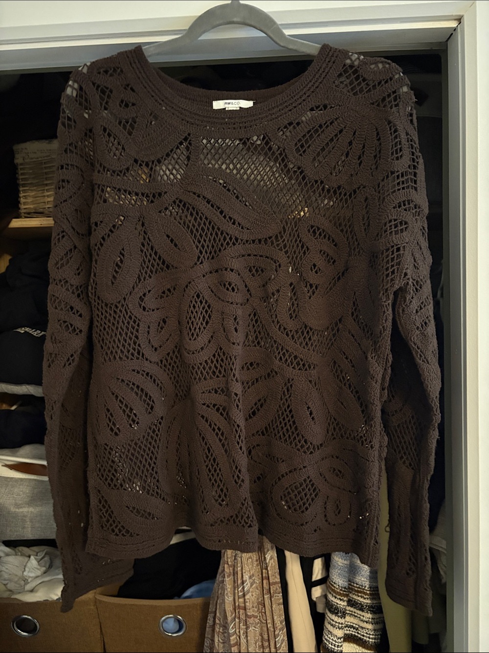 RW&CO. Brown Crochet Openwork Crewneck Sweater